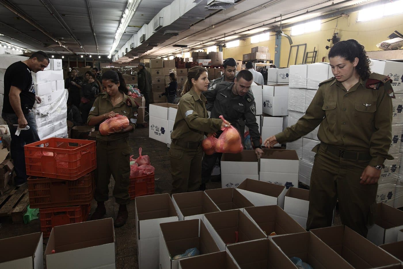 Volunteers distributing food boxes.